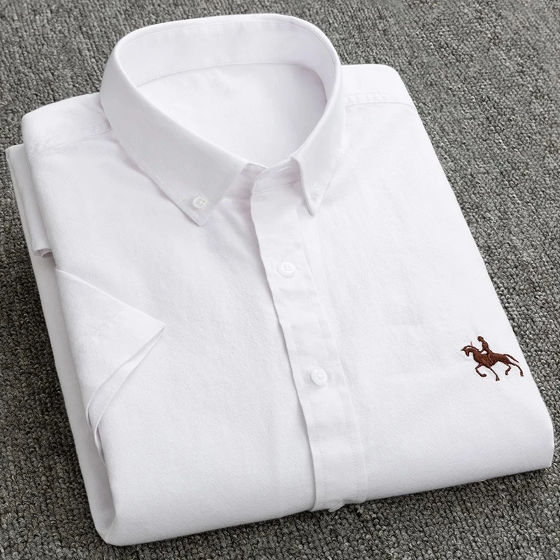 Summer 100% Cotton Oxford Men\'s Dress Shirts White Short Sleeve Embroidery Soft Comfortable Slim Fit Business Man Casual Shirts