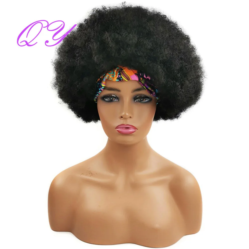 Headband Synthetic Women\'s Wrap Wig Black Short Afro Kinky Curly Wig For Woman Wigs Soft Drawstring 2 In 1 Hair Tie Wigs