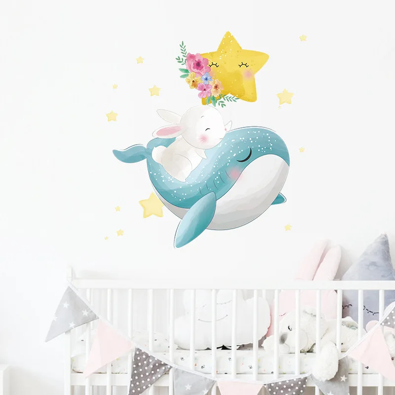 Cartoon Whale Bunny Wall Sticker For Child Kids Room Home Decoration Wallpaper Bedroom Decor Mural Cute Animals Nursery Stickers