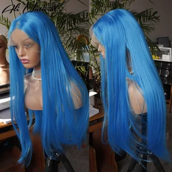 Peruca frontal de renda sintética para mulheres negras, peruca reta azul clara, T Glueless Part, cabelo de bebê, fibra 22