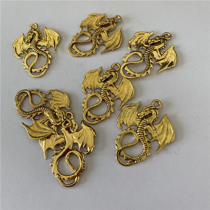 24PCS Antique Gold Color Alloy Flying Dragon Man Necklace Pendant Bracelet Charms Punk Animal Jewelry Findings 31656