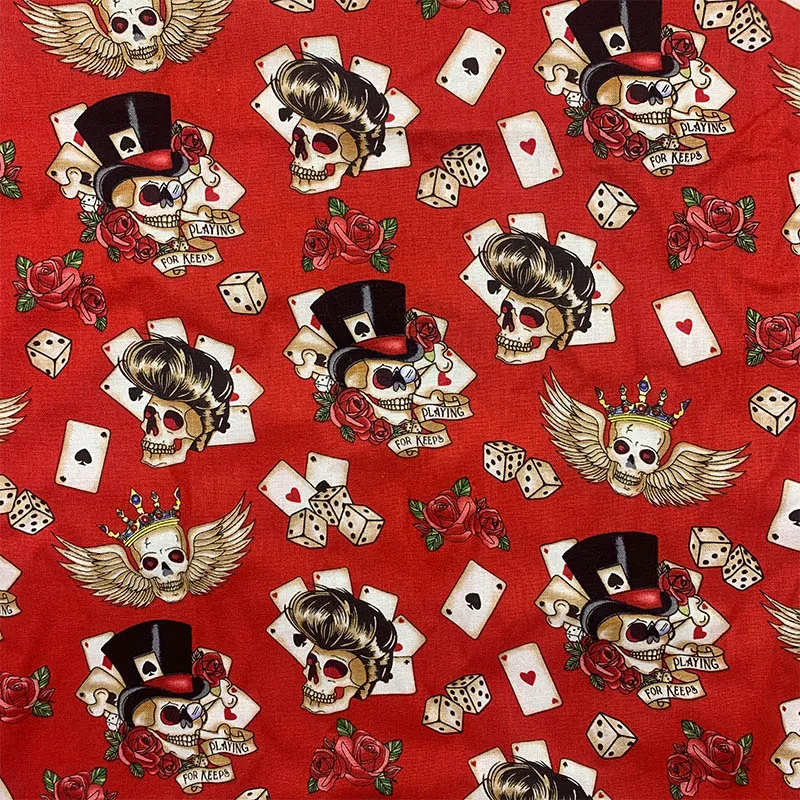 Beautiful 100% Cotton Fabric Red Bottom Skull Poker Pattern Digital Print Sewing Material DIY Home Patchwork Dress Clothing