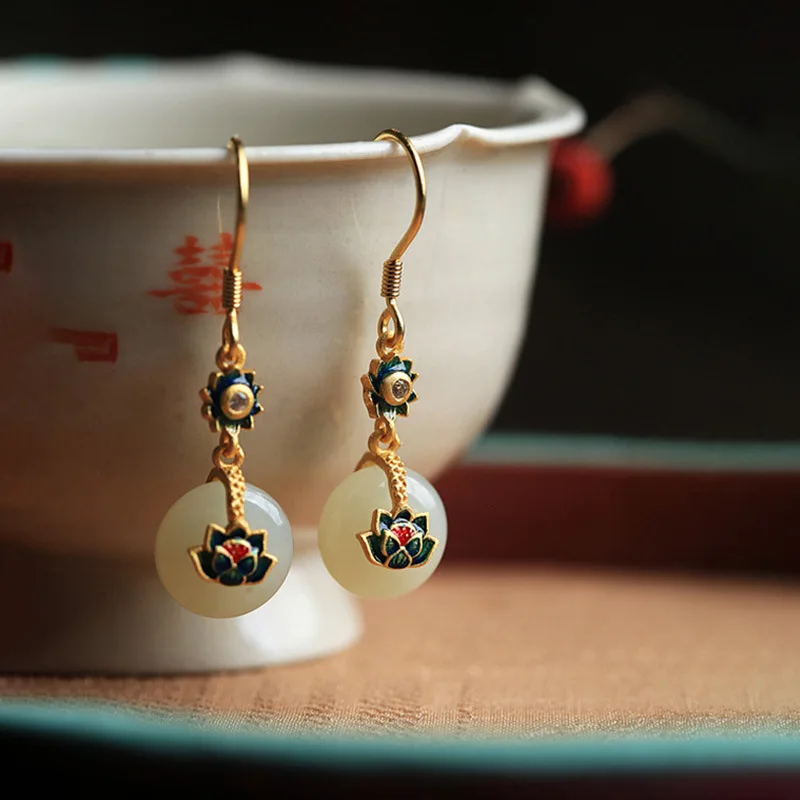 LIVVY Gold Color  Retro Crystal Stone Lotus Pendant Earrings For Women Chinese Style Unique Fashion Luxury Charm Jewelry image 4