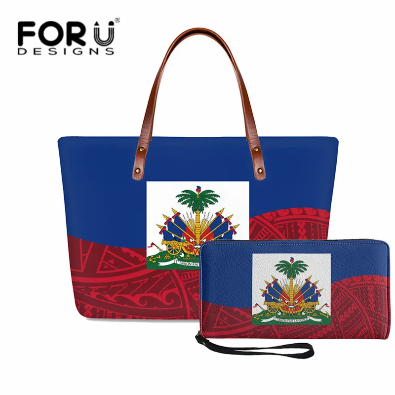 

2Pcs Haiti Handbag Purse Set for Women Tribal Style Custom Shoulder Bag and Long Wallet Zipper Beach Bag Casual Top-handle