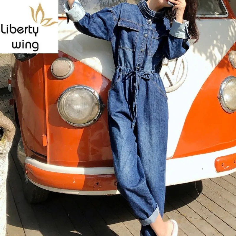 Boyfriend Style Cargo Overalls One Piece Sleeve Women Denim Loose Jeans Bib Overall Casual Lace Up Long Jumpsuit