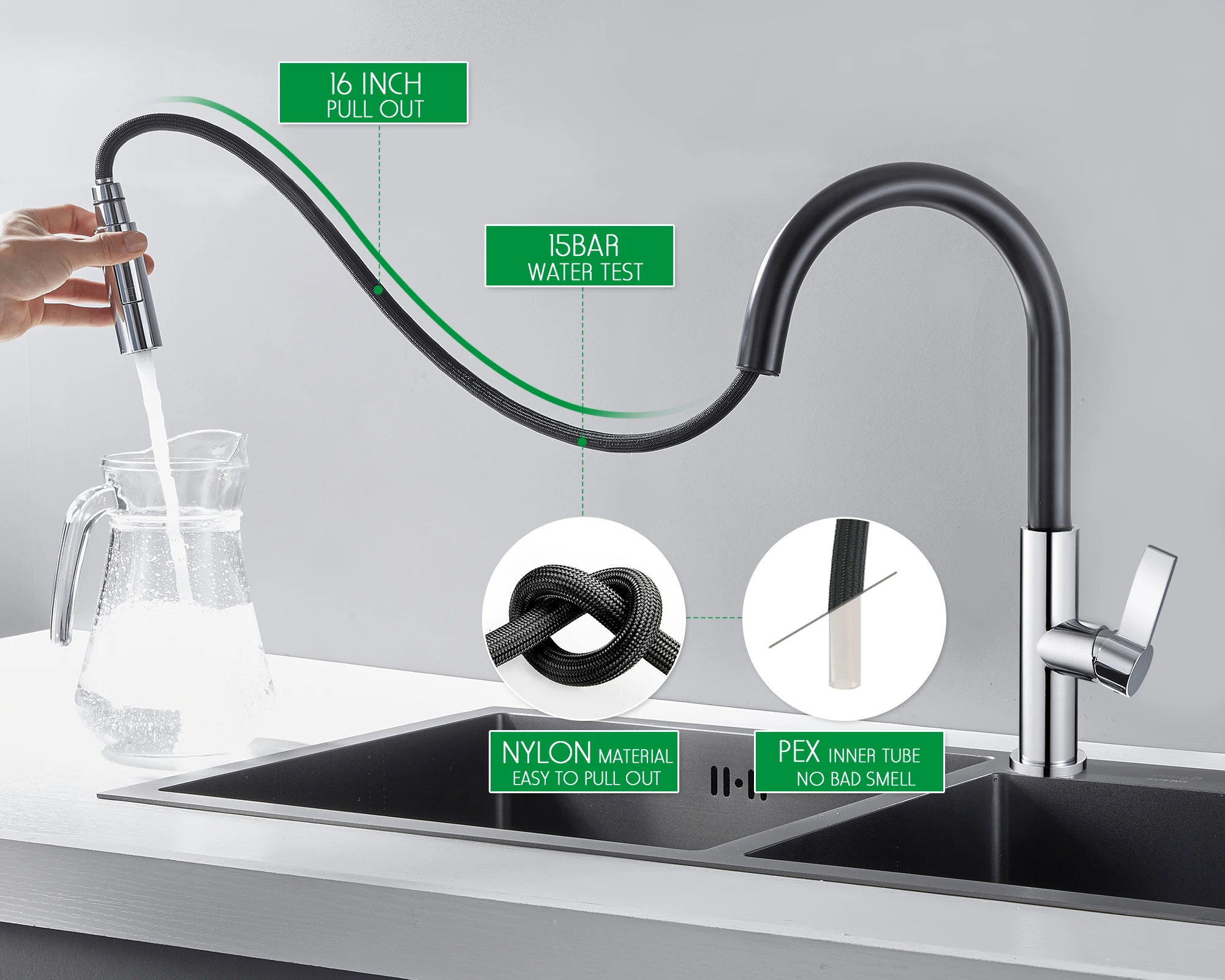 OUGOO Single Handle Brushed Pull Out Kitchen Faucet,Single Level Stainless Steel Kitchen Sink Faucets with Pull Down Sprayer