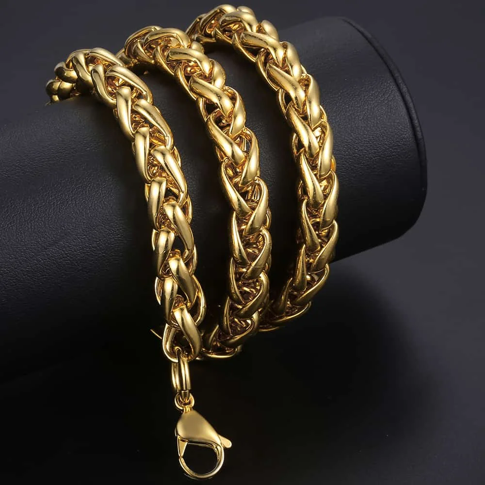 Punk Fashion 9.5mm Width Wheat Braided Link Stainless Steel Necklace Heavy Spiga Chain For Men Boys Long Choker Jewelry KN462