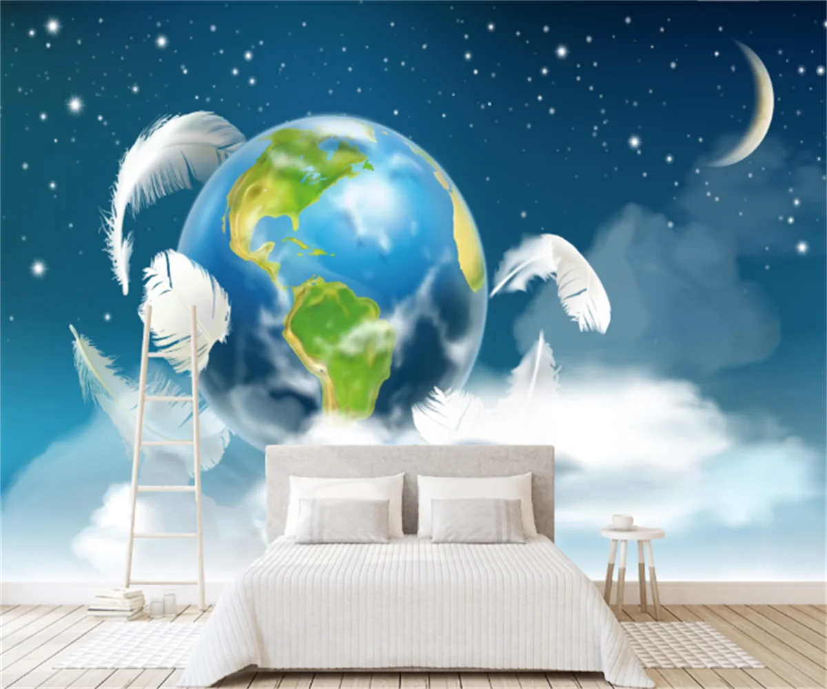 Modern minimalist beautiful starry sky earth feather living room background stickers custom home decoration mural wallpaper