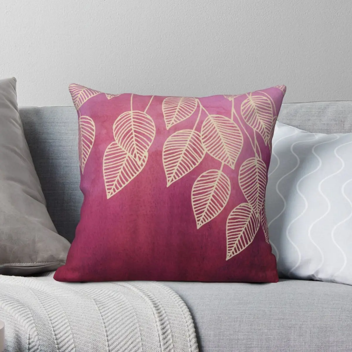 Magenta Garden Ink Leaves Square Pillowcase Polyester Linen Velvet Pattern Zip Decor Car Cushion Case 18