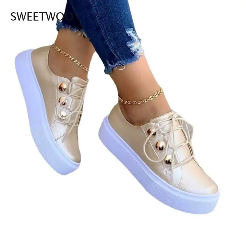 Women\'s Sneakers White PU Leather Canvas Lace-up Thick Sole Breathable Casual Spring and Autumn Shoes