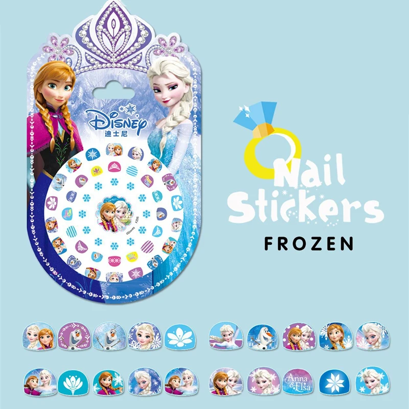 Disney-pegatinas de dibujos animados de Frozen para uñas, pegatinas de princesa Mickey Mouse para uñas para niños, Elsa y Anna, disco adhesivo para uñas, juguete genuino