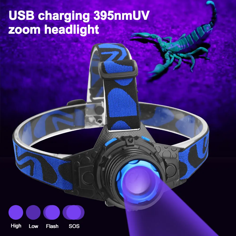 Imagem -04 - Violeta Cabeça Lâmpada de Carregamento Usb uv Farol Girar Zoom Farol Modos Led Luz Escorpião com Bateria Embutida 395nm