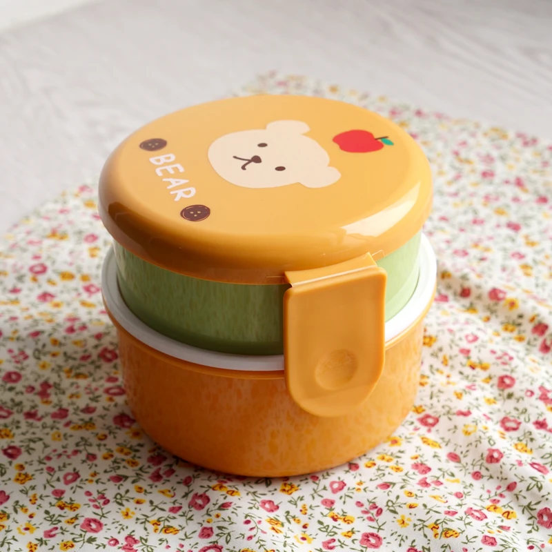 Cute Animal Lunch Box Japanese Double-layer Round Mini Bento Box Children\'s Fruit Box Snack Box Microwave Kids Lunch Box 540ml