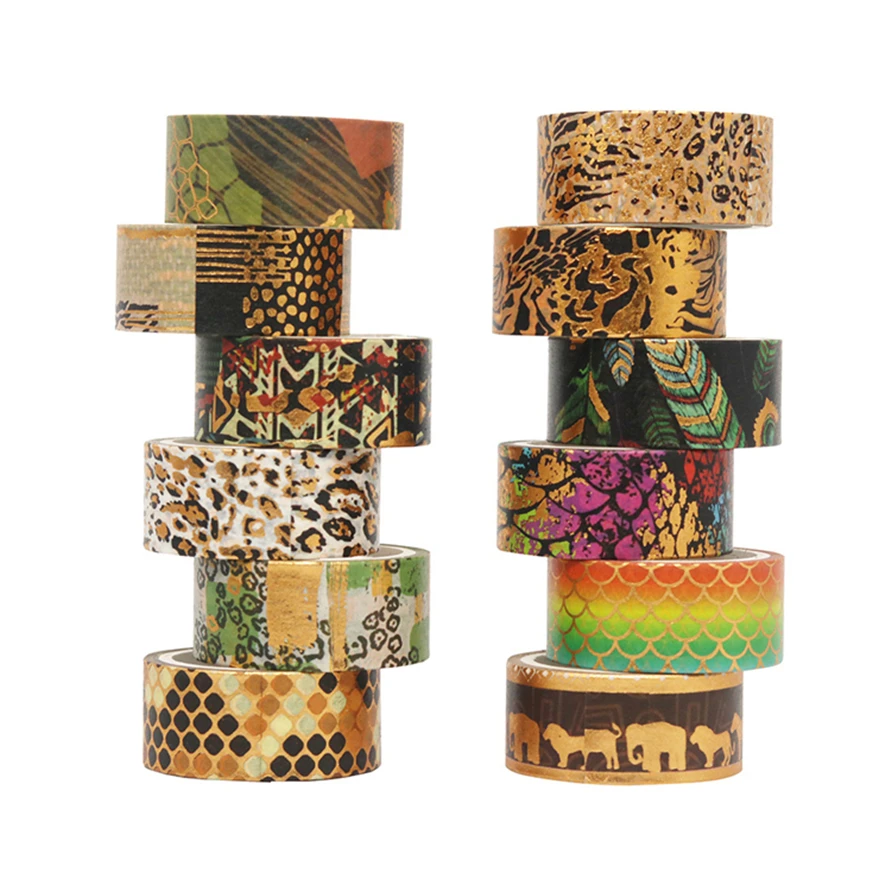 conjunto de fita washi leopardo scrapbooking folha de ouro mascaramento fitas de lavagem animal kawaii adesivos 3m adesivo bonito retro washitape 12 pecas 01