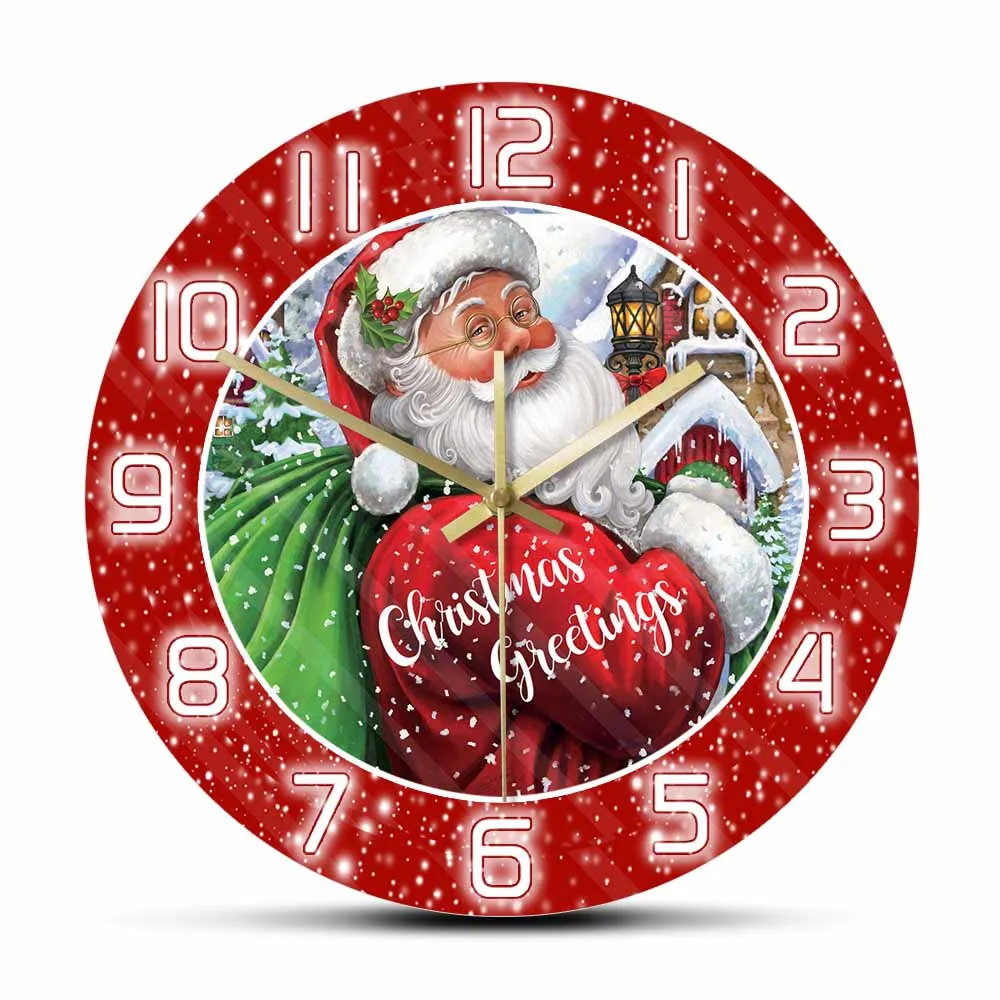 Christmas Vintage Santa Clause Wall Clock For Kids Living Room Greetings With Sack Red Design Snow Holiday Home Decor Wall Watch