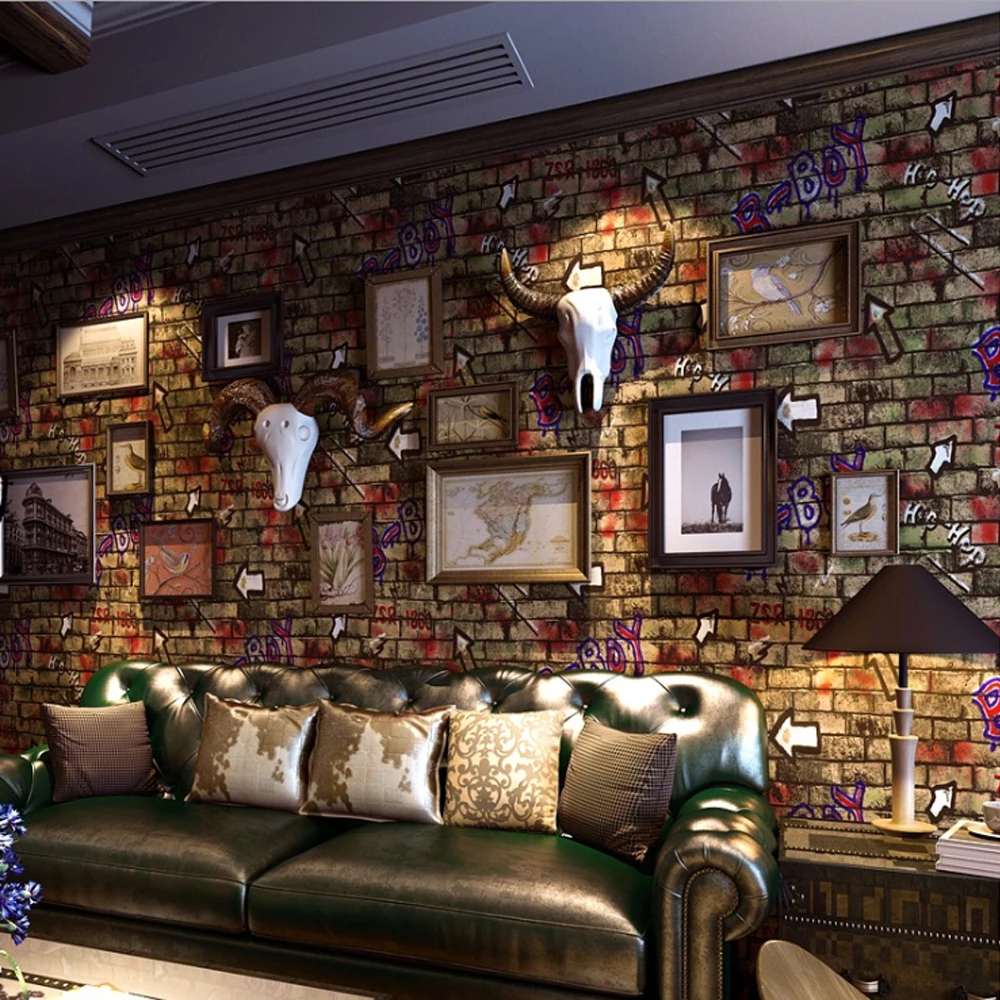 Q QIHANG Retro Nostalgic Personality Graffiti Hip Hop Street Style Bar Internet Cafe PVC Wallpaper 0.53m*10m=5.3m2