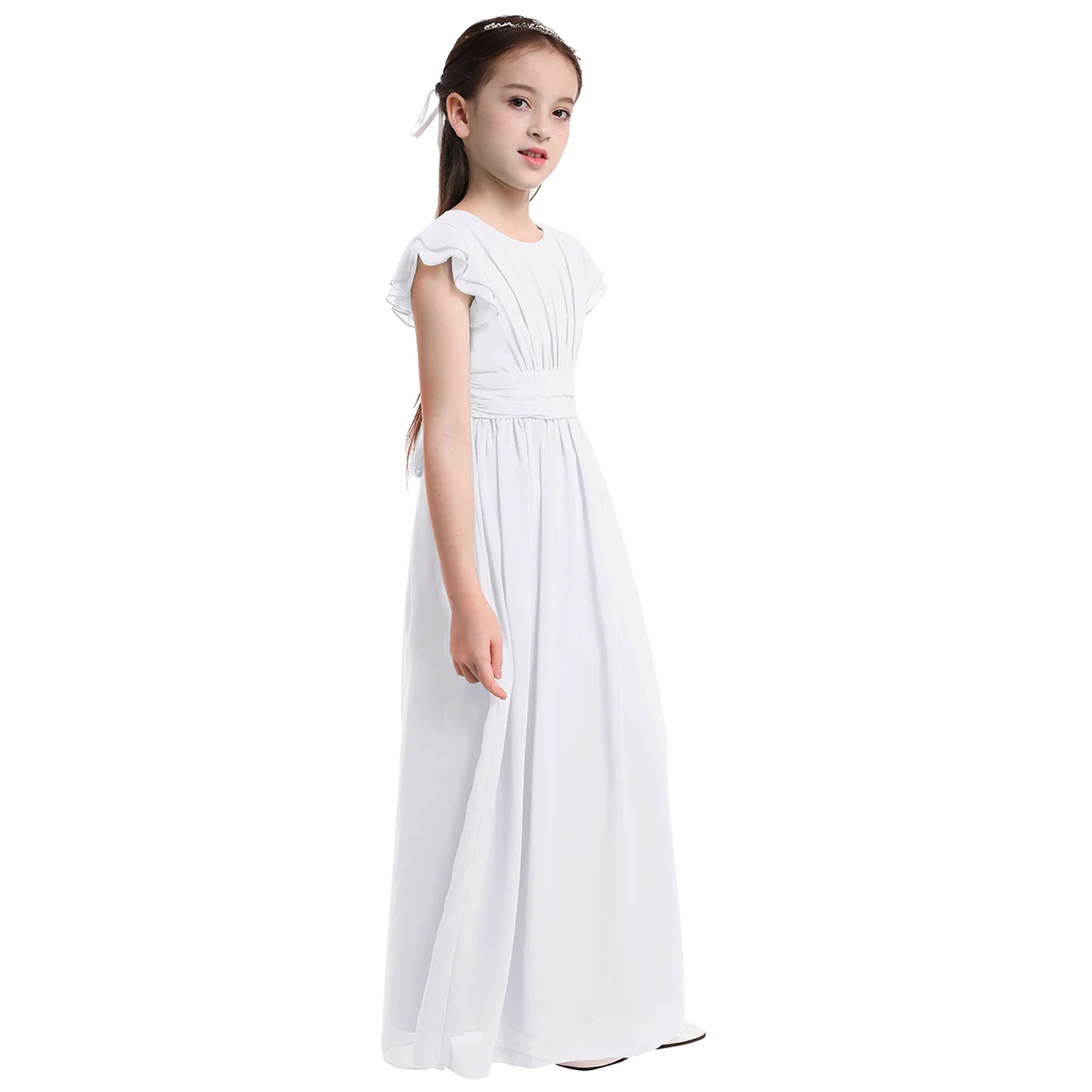 Robe longue en mousseline de soie pour filles, manches flottantes, fleur plissée, taille haute, princesse, reconstitution historique, anniversaire, fête de mariage, 4-14