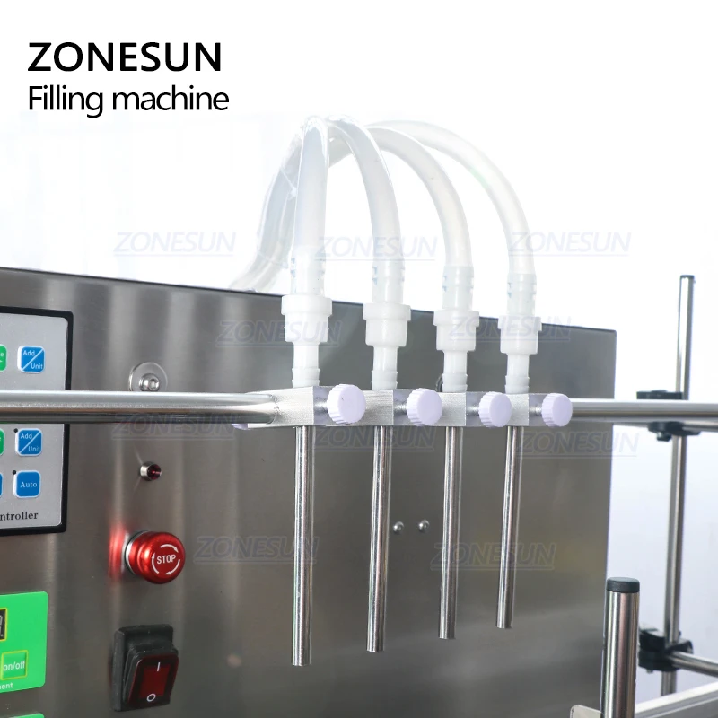 ZONESUN Automatic Liquid Filling Machine 4 Heads Juice Lotion Cosmetic Bottle Filler with Chain Conveyor Peristaltic Pump