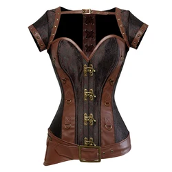 Corsé gótico Steampunk para mujer, corpiño con cremallera, talla grande, Vintage, de piel sintética, Top marrón