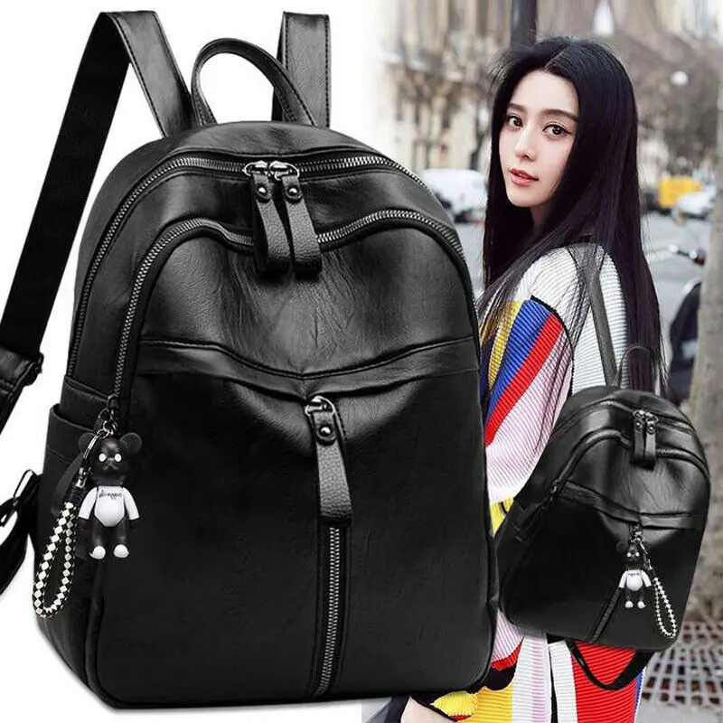 Fashion PU Leather Women Backpack Female Black Backpacks Zipper Bags Student Solid Rucksack For Girls With bear Pendant