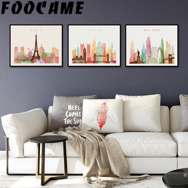 City Silhouette Paris London New York Cartoon Poster Canvas Print Wall Art Nordic Painting Decoration Pictures Baby Room Nursery