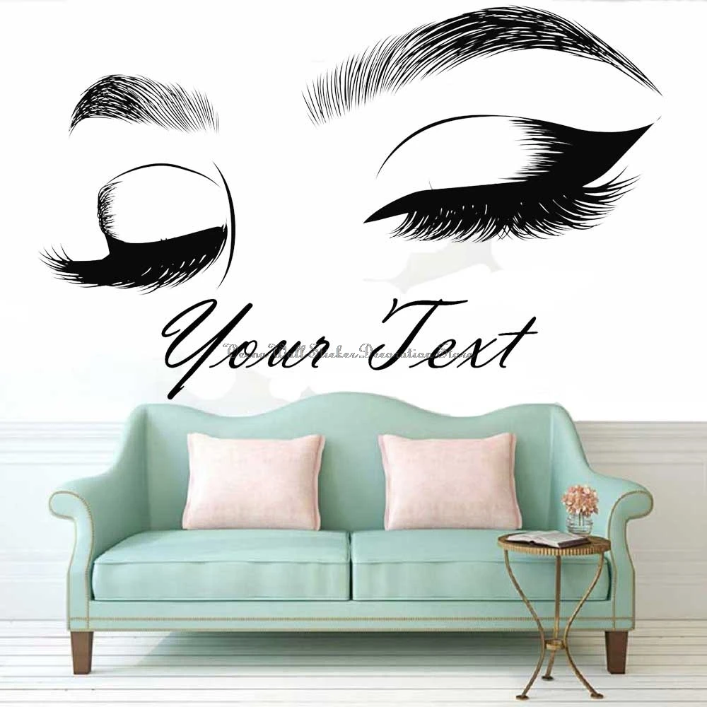 Customize your text Eyelashes Vinyl decals Eyelash Wall Stickers Eyebrow Makeup Eyeliner Beauty Salon Salon Front Desk Mural  3