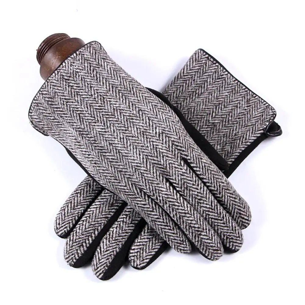 Men Fashion Autumn Winter Tweed Large Plaid Full Finger Gloves Thicken Warm Mittens Gift