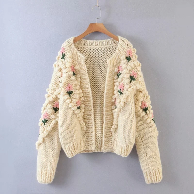 2020 embroidery Knitted Sweater Women Cardigan Befree Harajuku Flower Pull Femme Hiver Leisure Time Coat Truien Dames Autumn