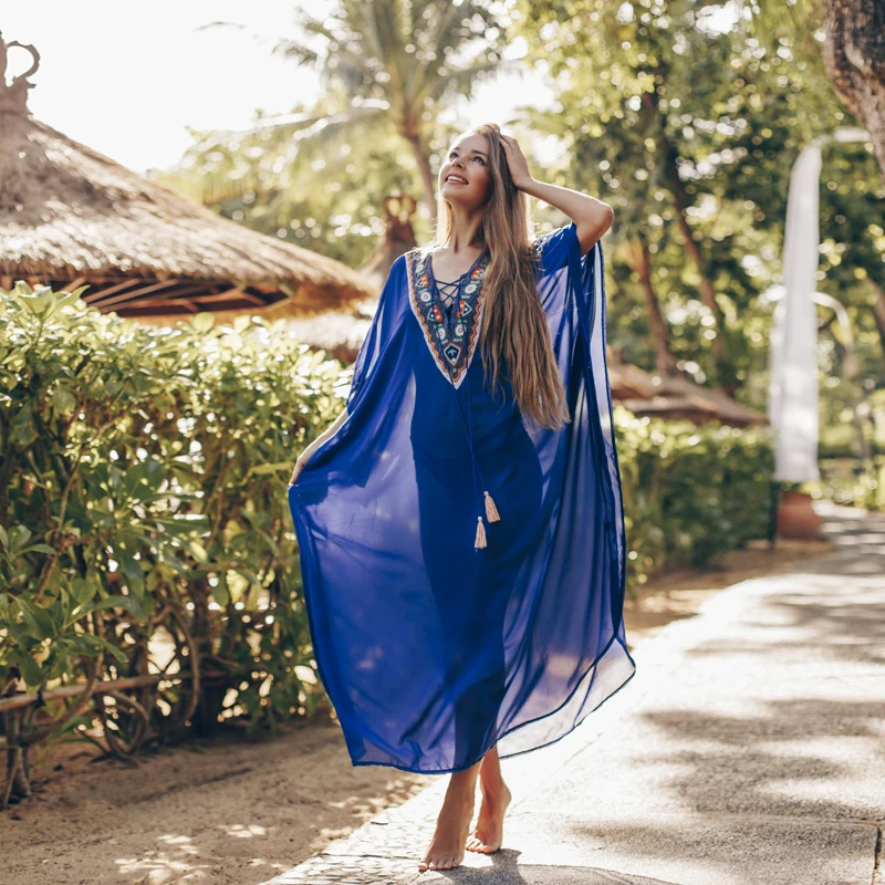 Delicate Embroidery Fluter Chiffon Long Kaftan Elegant Beach Style Translucent Sexy Bikini Cover-ups Gypsy Tie Wrap V-neck Dress