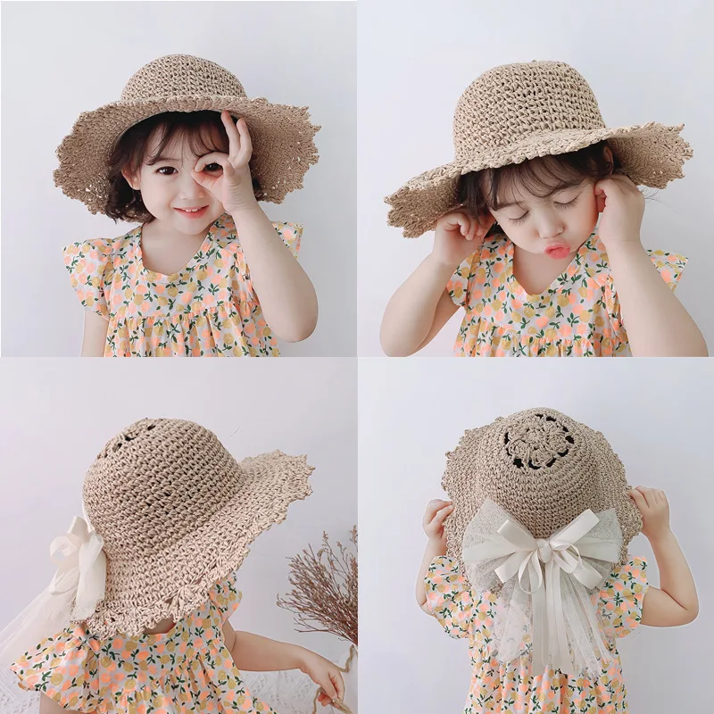 

Cute Summer Children's Straw Hat Girls Breathable Lace Hat Bow Beach Sun Hat Travel Sun Hat