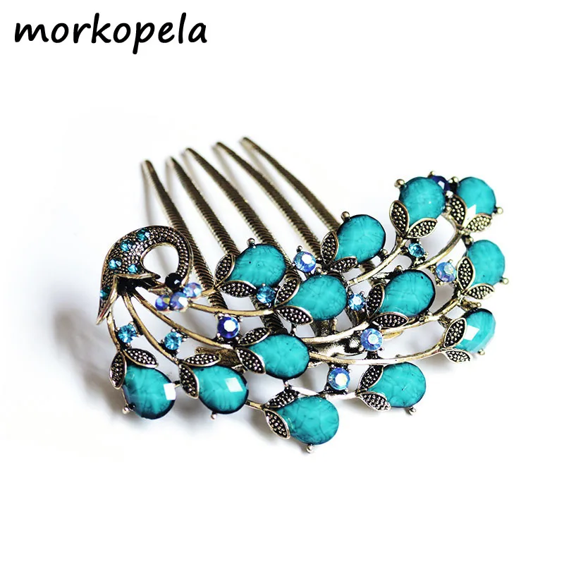 Morkopela Vintage Peacock Hair Comb Jewelry Antique Bronze Metal Hair Clip Hairpins Headdress Women Banquet Hair Accessories