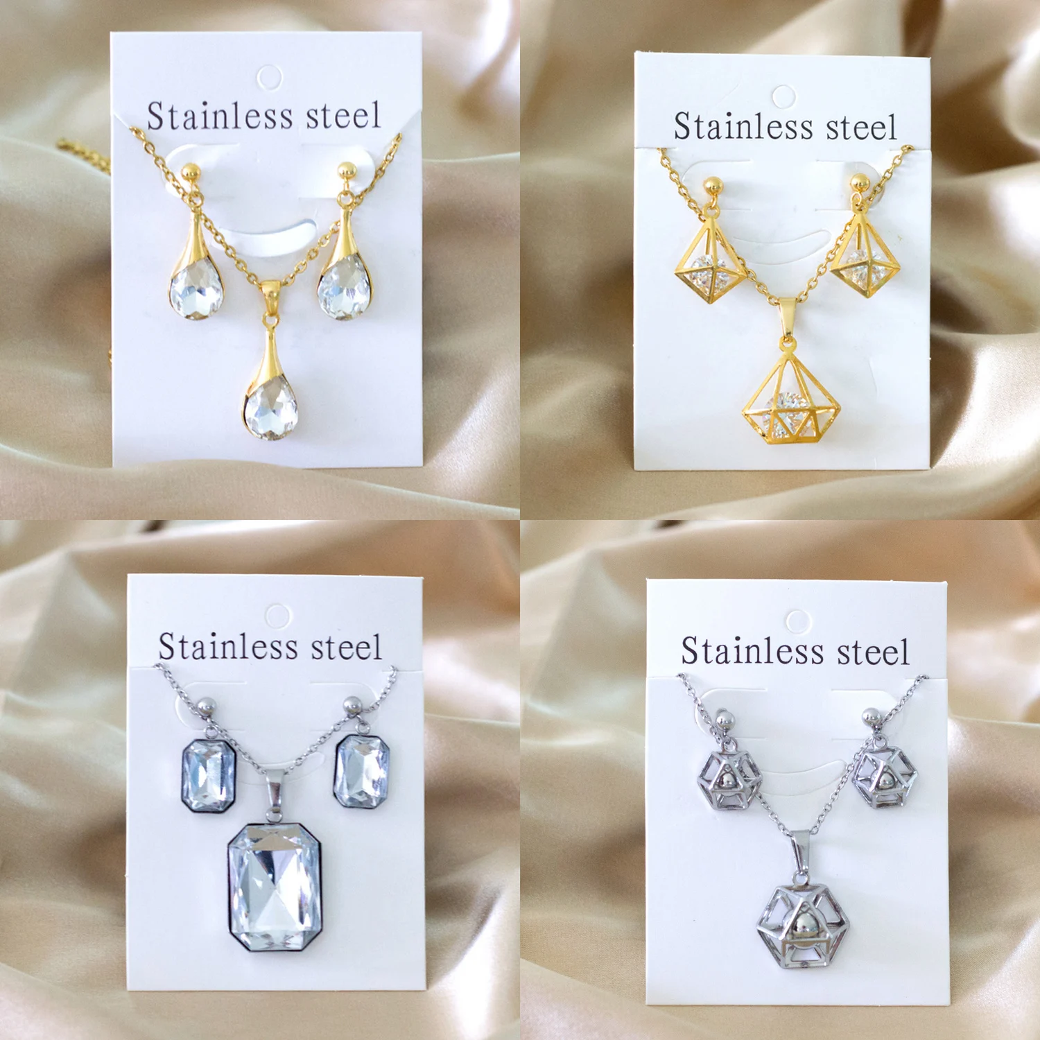 Korean Trendy Stainless Steel Jewelry Sets For Woman Water Drop Pendant Necklaces And Earrings Set Cubic Zirconia Gold Plated