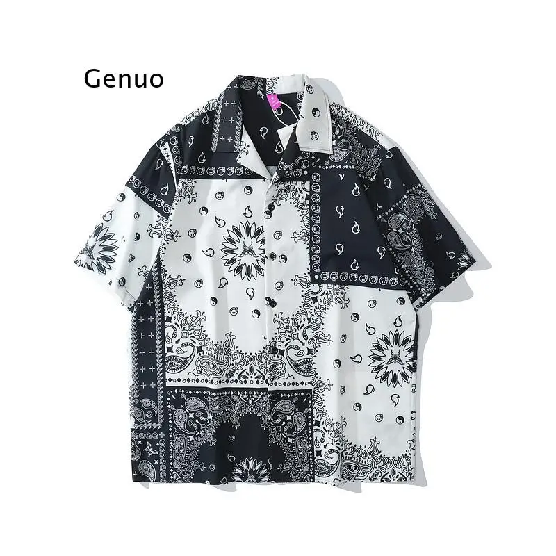 Hawaiian Shirts Harajuku Bandana Paisley Pattern Print Shirt Streetwear Mens Hip Hop Casual Holiday Beach Tropical Tops