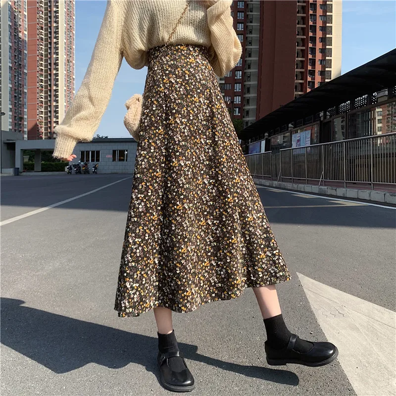 

Corduroy Floral Skirt Women's Clothing High-waisted Fishtail A-line Umbrella Skirt Spring Autumn Skirts D1139