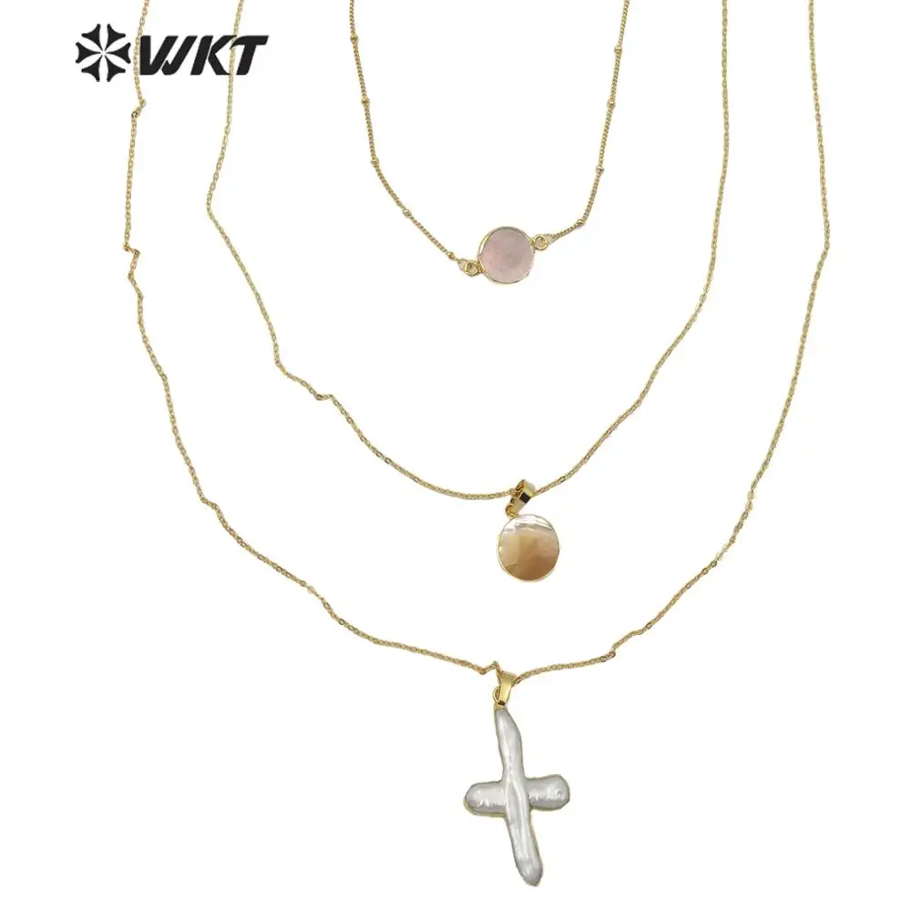 WT-JN109 Hot Fashion Pearl Shell Triple Layer Choker Necklace Handmake With Brass Chain Jewelry For Women As Gifts