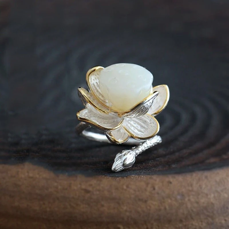 New Sterling Silver Natural Hetian Jade Lotus Handmade Female Model Atmospheric Retro Temperament Open Ring