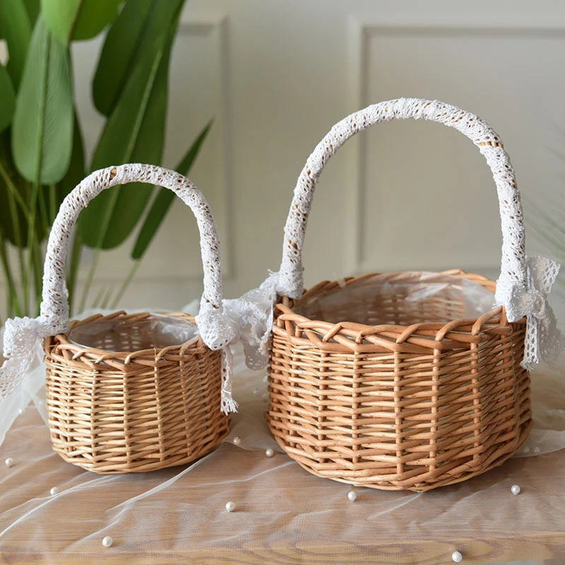 Cesta de flores de ratán tejida a mano para ceremonia de boda, cesta de almacenamiento Vintage con lazo de arpillera de encaje, suministros para