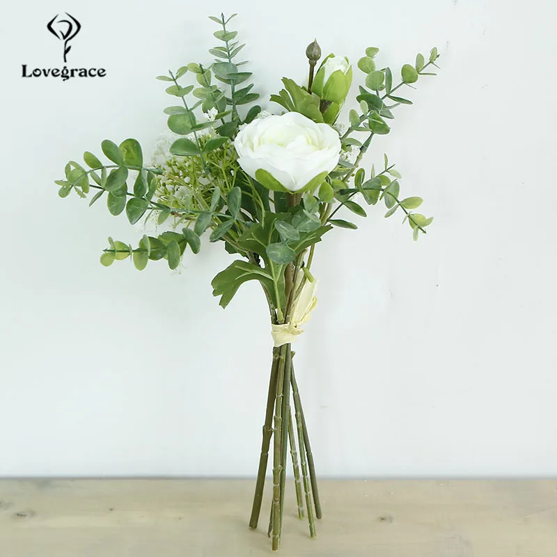 Lovegrace-ramo de flores para dama de honor, ramo de flores artificiales de seda, flor de loto, hoja de eucalipto, decoración blanca para el hogar