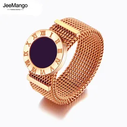 JeeMango Original Design Roman Numeral Network Chain Rings Titanium Stainless Steel Black Acrylic Wedding Ring For Women JR20092