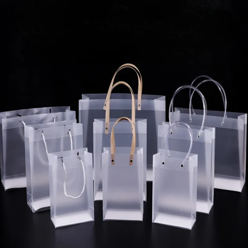 10/30pcs Custom PVC Transparent Gift Bag with Handles Clear Tote PP Frosted Plastic Shopping Tote Bag Clothing Drinks Packaging