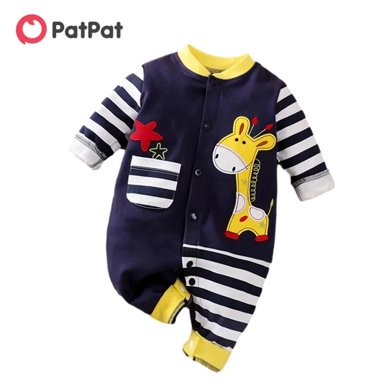 Patpat Baumwolle Baby Jungen/Mädchen Overalls niedlichen Giraffe Stickerei Applique Streifen Design Print Langarm Baby Overall