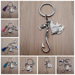 New fish hook couple fishing key chain water drop birth stone tassel key ring fish hook jewelry father's day gift friend gift