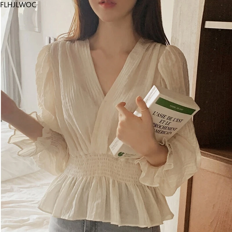 Womens Long Sleeve Peplum Tops Cute Sweet Preppy Style Girls Korean Style V Neck Ruffled Solid Shirts Blousas