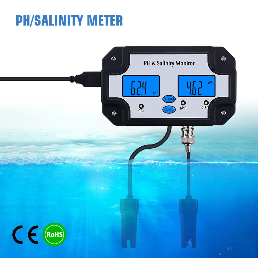 Portable Fish Tank Monitor 2 In 1 PH Meter And Salinity Water Quality Tester For Sea Water In Aquarium Swimming Pool Spa