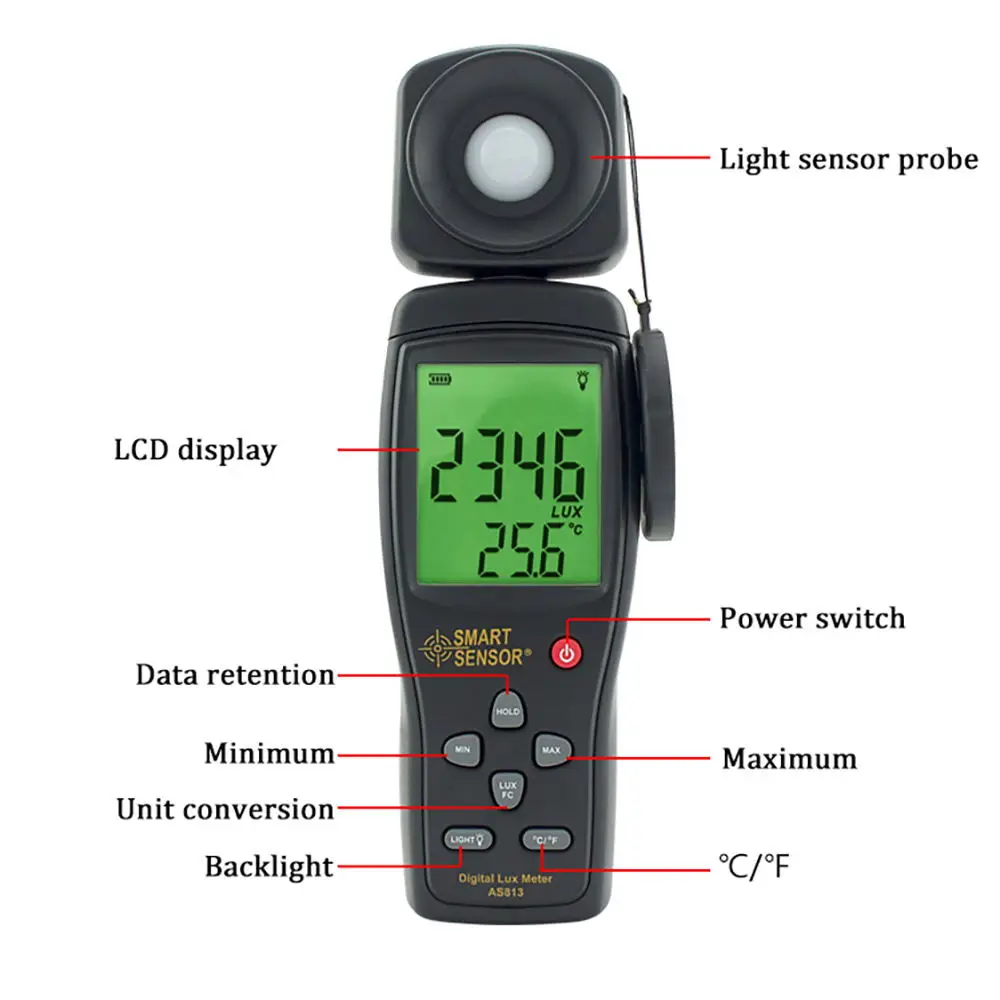 Inteligentny Senor AS813 cyfrowy miernik światła Luxmeter Lux/FC fotometr luminometr spektrofotometr spektrofotometr 100,000 Lux