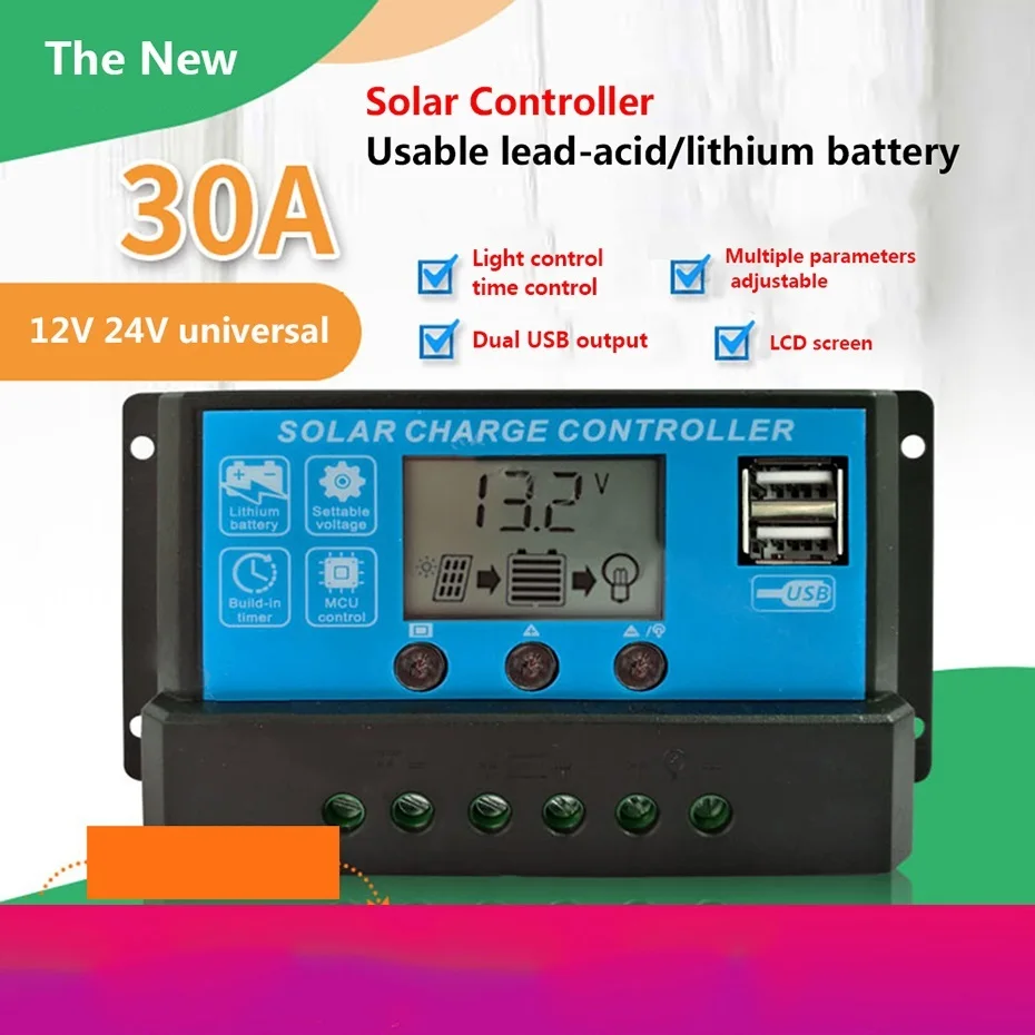 Solar Charge Controller 10A 20A 30A Rechargeable Lead-acid Lithium Battery 12 / 24 V Household Automatic Conversion Solar System