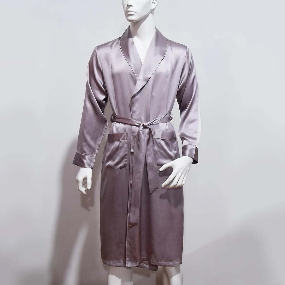 Men\'s Silk Nightgown Spring And Autumn Long Sleeve Simple Lace Up Long Mulberry Silk Pajamas Morning Robe Home Bathrobe