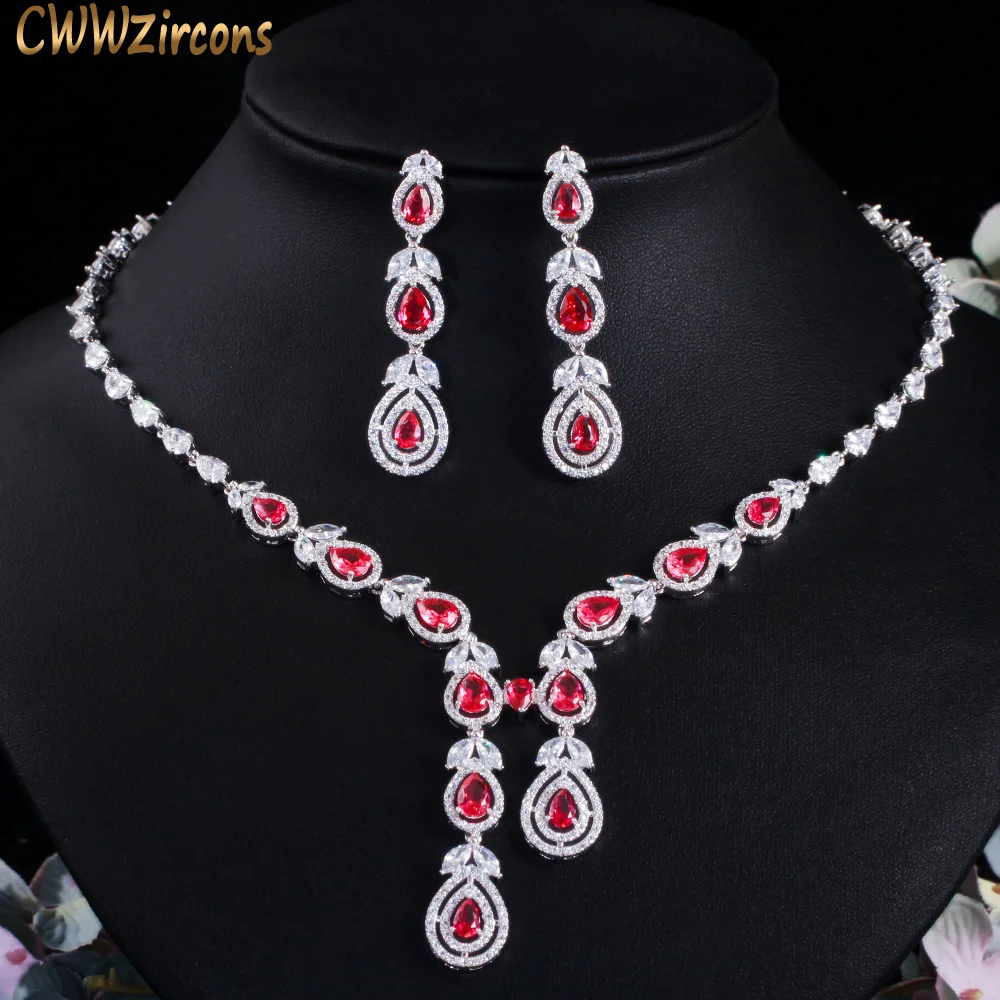 

CWWZircons Water Drop Leaf Красный кубический цирконий свадебное ожерелье серьги комплект ювелирных изделий для невесты вечерние аксессуары для костюма T511