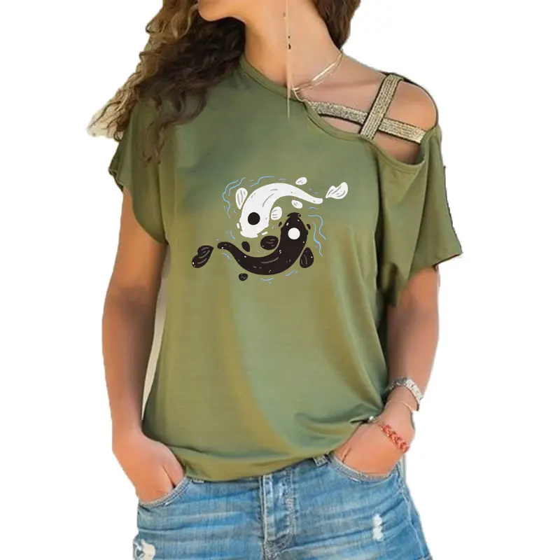 Nova moda verão t camisa feminina peixes impressão tshirts de manga curta vintage casual irregular skew cruz bandagem t topo