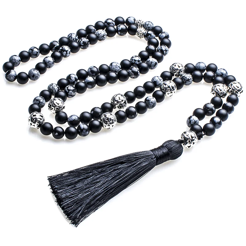 8mm Snowflake Obsidian Frosted Black Agate Beaded 108 Mala Necklace Meditation Yoga Prayer Jewelry  for Men and Women